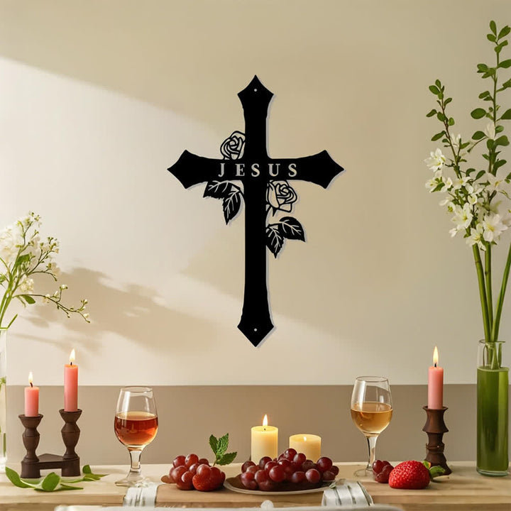 Christianartworkshop Rose Vine Sacred Cross With JESUS Lettering Metal Wall Decor: Symbol of Everlasting Divine Love - image 3