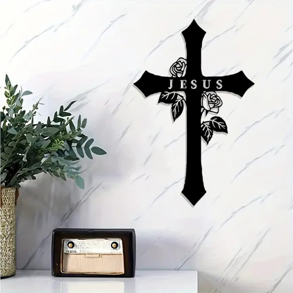 Christianartworkshop Rose Vine Sacred Cross With JESUS Lettering Metal Wall Decor: Symbol of Everlasting Divine Love - image 4