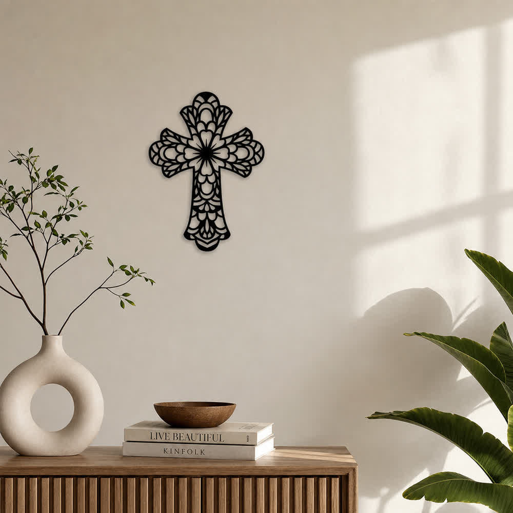 Christianartworkshop Intricate Floral Mandala Sacred Cross Metal Wall Decor: Symbol of Gentle Divine Beauty - image 0
