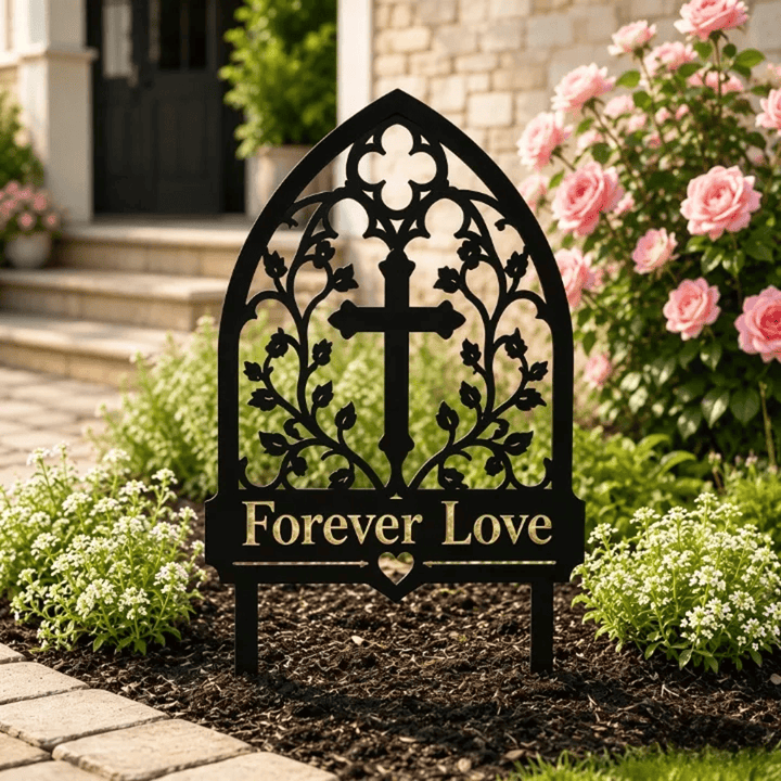 Christianartworkshop Gothic Arch Vine Cross Forever Love Memorial Metal Garden Stake: Symbol of Everlasting Divine Love - 20.47''*14.17''*0.06''/52*36*0.15cm - image 0