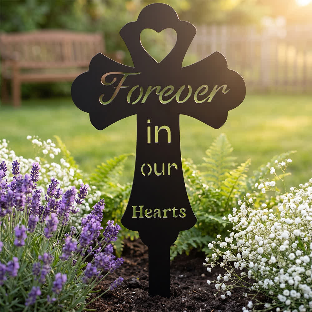 Christianartworkshop Heart Cutout Sacred Cross "Forever In Our Hearts" Memorial Metal Garden Stake: Symbol of Eternal Peaceful Remembrance - 9.84''*5.91''*0.04''/25*15*0.1cm - image 0