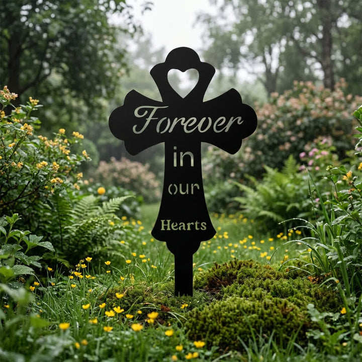 Christianartworkshop Heart Cutout Sacred Cross "Forever In Our Hearts" Memorial Metal Garden Stake: Symbol of Eternal Peaceful Remembrance - image 3