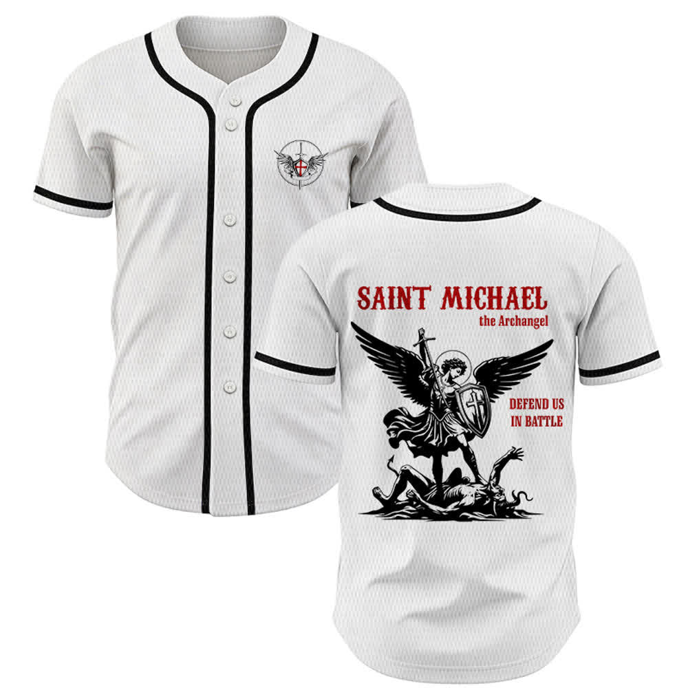 Christianartworkshop St.Michael Archangel Defend Us Unisex Baseball Jersey - White - 5XL - image 0