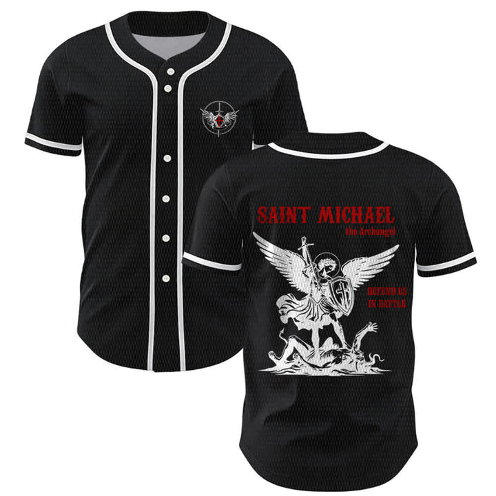 Christianartworkshop St.Michael Archangel Defend Us Unisex Baseball Jersey - Black - 5XL - image 7