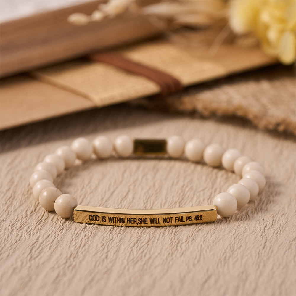 Christianartworkshop Engraved Curved Bar Stretch Beaded Bracelet With Psalm Verse God Is Within Her She Will Not Fail - A - image 0