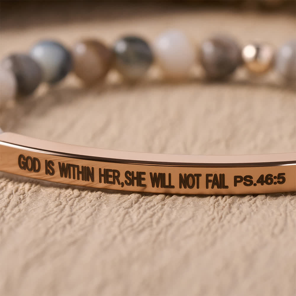 Christianartworkshop Engraved Curved Bar Stretch Beaded Bracelet With Psalm Verse God Is Within Her She Will Not Fail - image 5