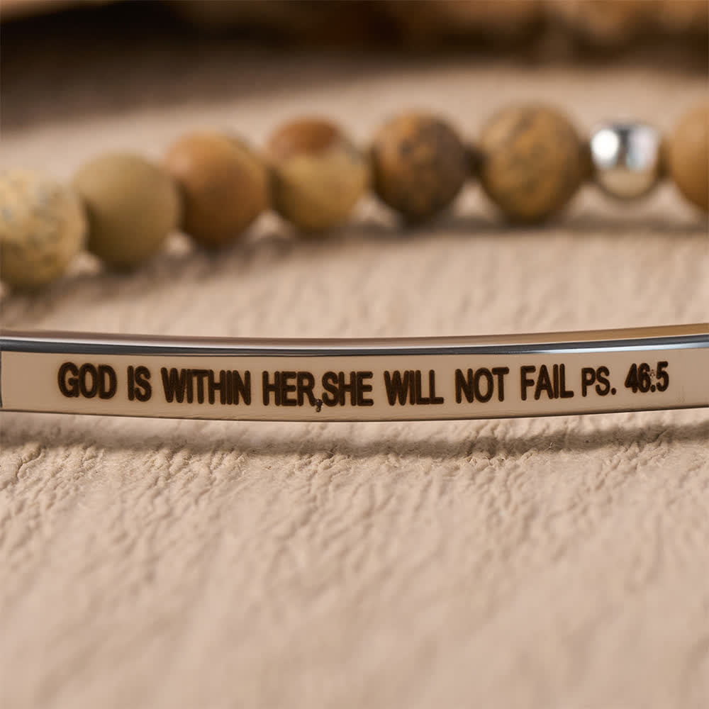 Christianartworkshop Engraved Curved Bar Stretch Beaded Bracelet With Psalm Verse God Is Within Her She Will Not Fail - image 13
