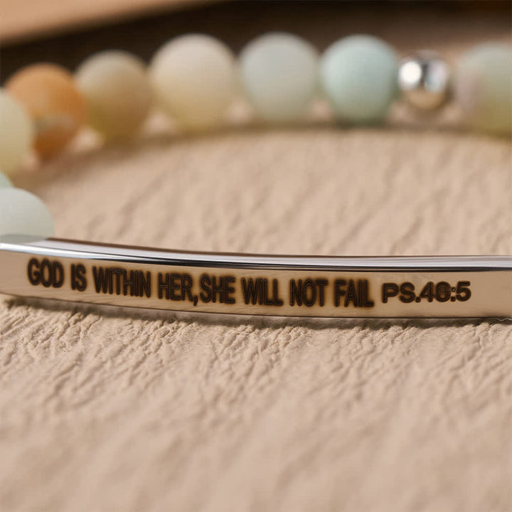 Christianartworkshop Engraved Curved Bar Stretch Beaded Bracelet With Psalm Verse God Is Within Her She Will Not Fail - image 7