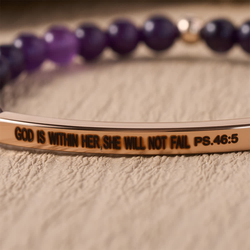 Christianartworkshop Engraved Curved Bar Stretch Beaded Bracelet With Psalm Verse God Is Within Her She Will Not Fail - image 3