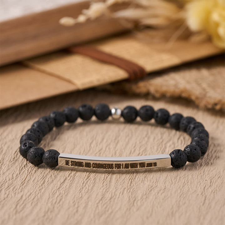 Christianartworkshop Engraved Curved Bar Stretch Beaded Bracelet With Joshua 1:9 Scripture Verse: Emblem of Brave Heavenly Fortitude - A - image 0