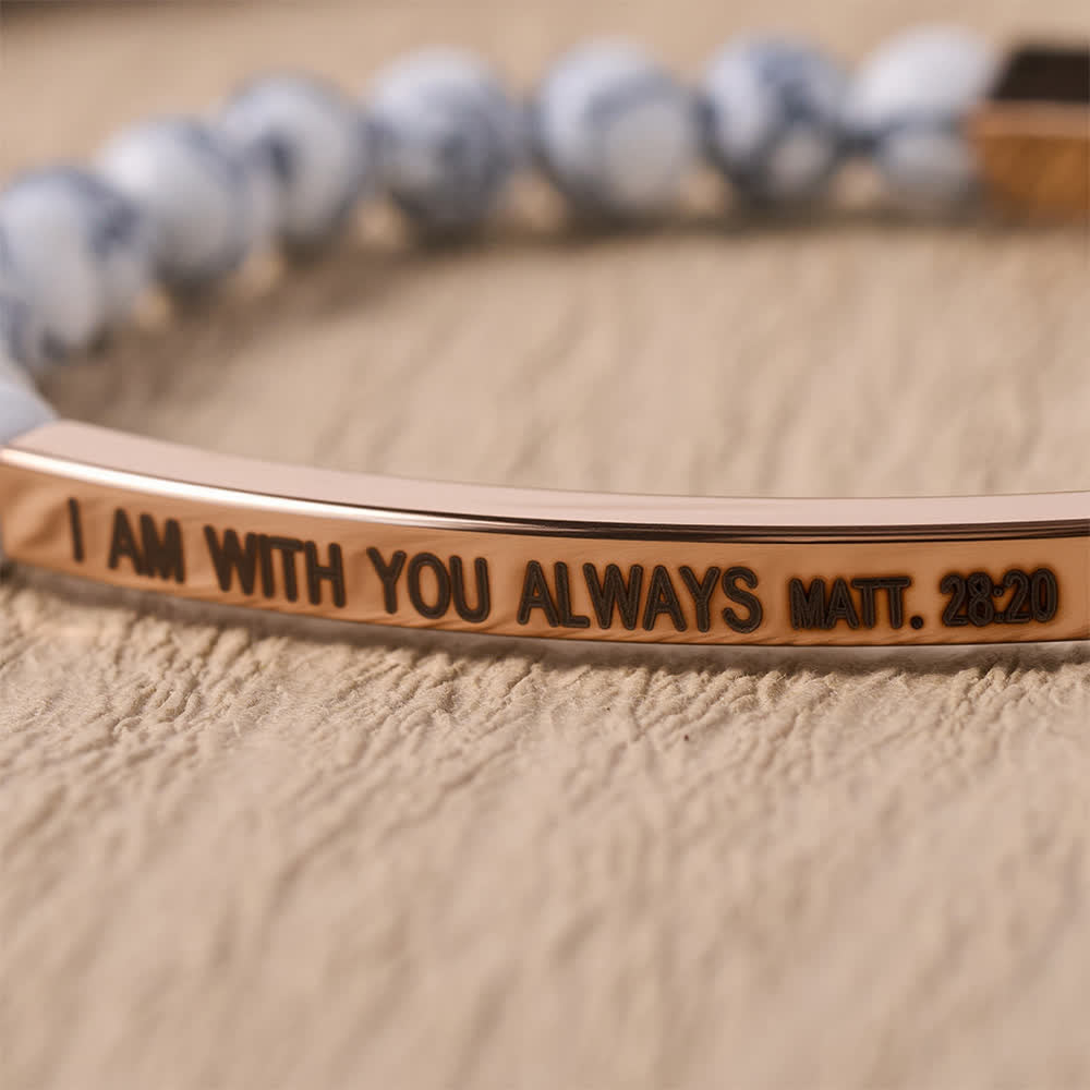 Christianartworkshop Engraved Curved Bar Stretch Beaded Bracelet With I AM WITH YOU ALWAYS Matthew 28:20 Verse - image 3