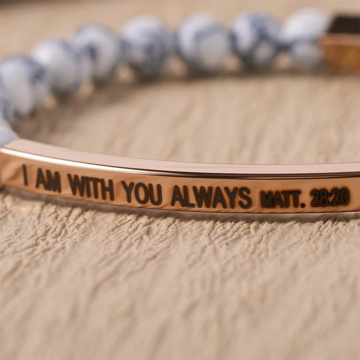 Christianartworkshop Engraved Curved Bar Stretch Beaded Bracelet With I AM WITH YOU ALWAYS Matthew 28:20 Verse - image 3