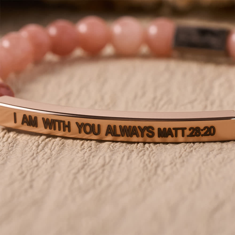 Christianartworkshop Engraved Curved Bar Stretch Beaded Bracelet With I AM WITH YOU ALWAYS Matthew 28:20 Verse - image 1