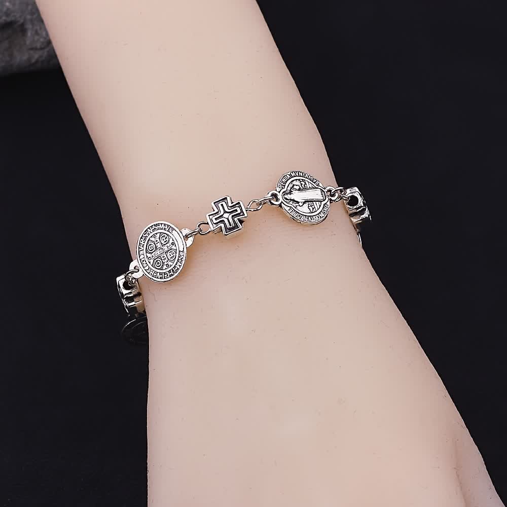 Christianartworkshop Vintage Antique Finish Link Bracelet With St. Benedict Medals & 3D Cross Spacers: Emblem of Constant Heavenly Safeguard - image 1
