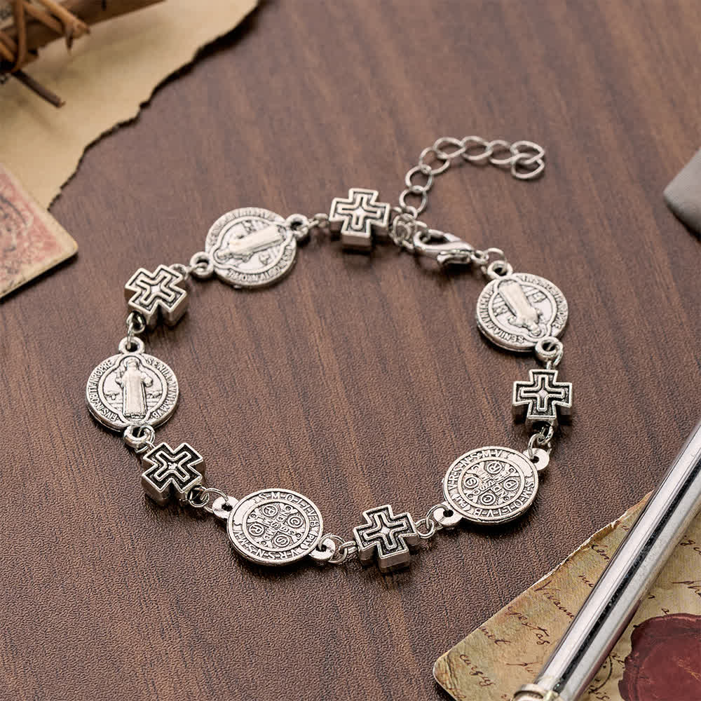 Christianartworkshop Vintage Antique Finish Link Bracelet With St. Benedict Medals & 3D Cross Spacers: Emblem of Constant Heavenly Safeguard - St.Benedict & Cross - image 0