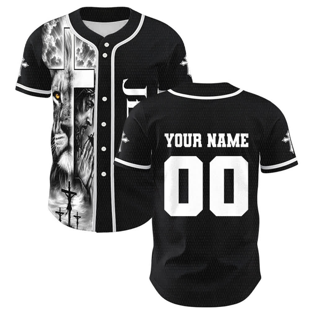 Christianartworkshop Lion Cross Jesus Faith Personalized Name Number Unisex Custom Baseball Jersey - image 1