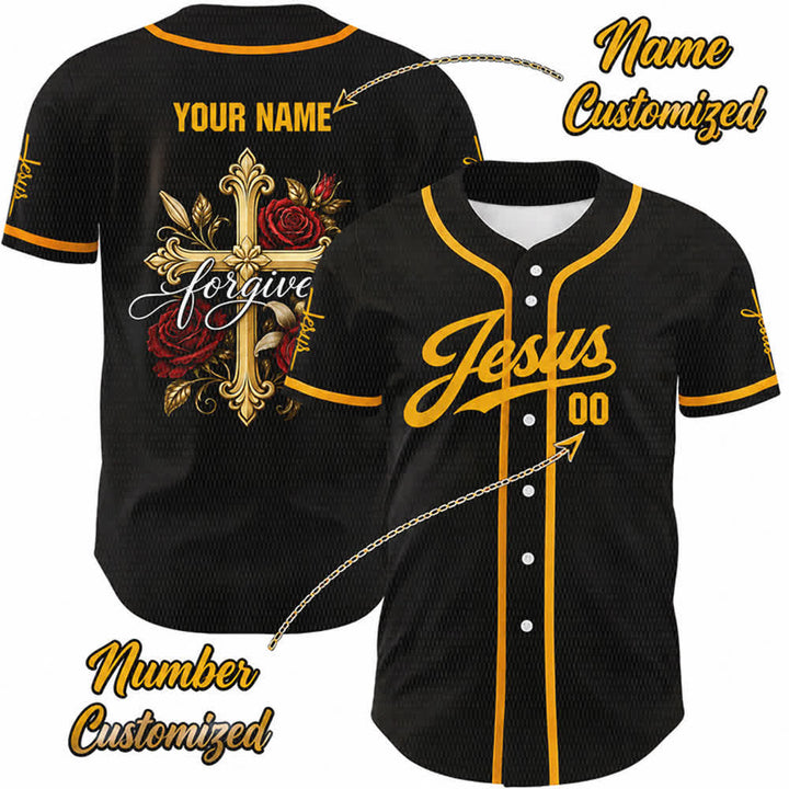 Christianartworkshop Jesus Forgive Golden Cross Red Rose Unisex Custom Baseball Jersey - 5XL - Name & Number Customized - image 0