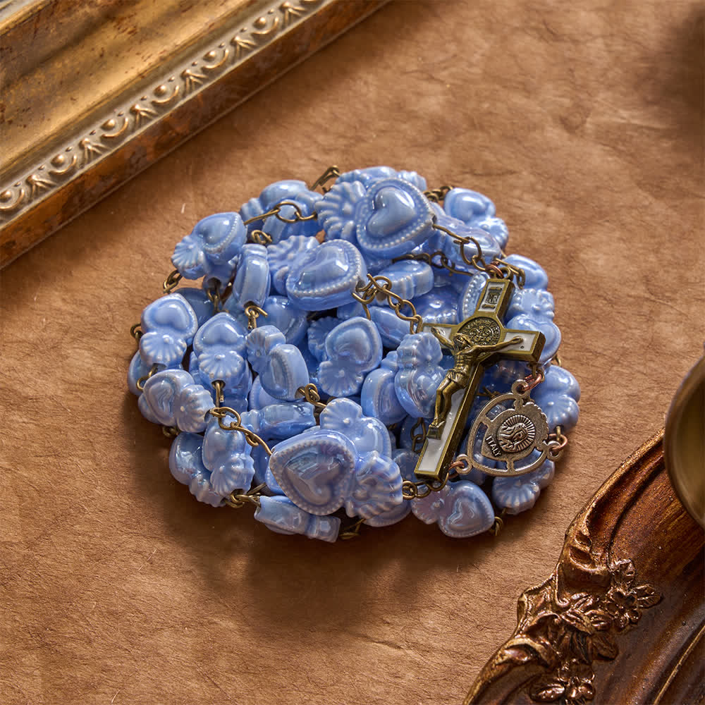 Christianartworkshop Floral Porcelain Sacred Heart Ceramic Rosary With Enamel Trimmed Crucifix - image 10
