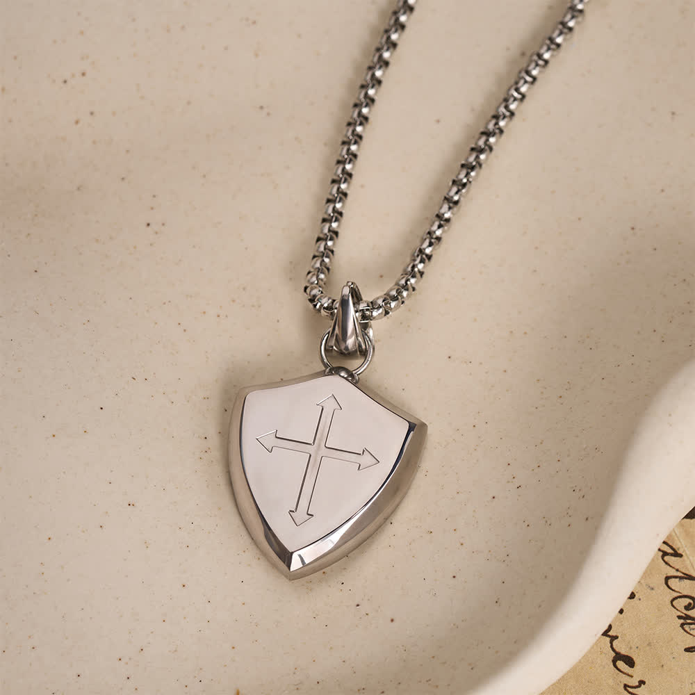Christianartworkshop Double Sided Shield Rhinestone Cross Pendant Engraved Amor of God Joshua 1 Verse 9 Box Chain Necklace: Timeless Emblem of Gentle Heavenly Guardianship - Silver - image 3