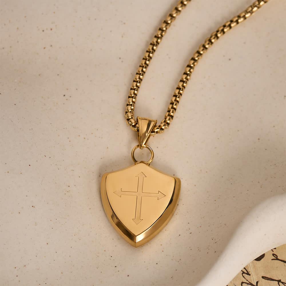 Christianartworkshop Double Sided Shield Rhinestone Cross Pendant Engraved Amor of God Joshua 1 Verse 9 Box Chain Necklace: Timeless Emblem of Gentle Heavenly Guardianship - Golden - image 8