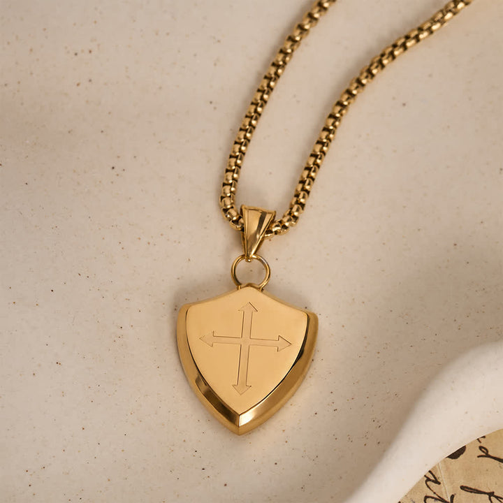 Christianartworkshop Double Sided Shield Rhinestone Cross Pendant Engraved Amor of God Joshua 1 Verse 9 Box Chain Necklace: Timeless Emblem of Gentle Heavenly Guardianship - Golden - image 8