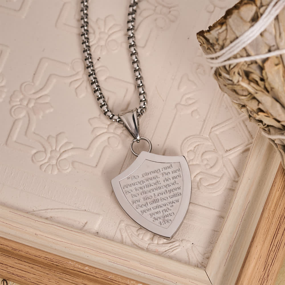 Christianartworkshop Double Sided Shield Rhinestone Cross Pendant Engraved Amor of God Joshua 1 Verse 9 Box Chain Necklace: Timeless Emblem of Gentle Heavenly Guardianship - image 4