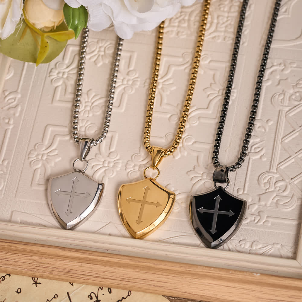Christianartworkshop Double Sided Shield Rhinestone Cross Pendant Engraved Amor of God Joshua 1 Verse 9 Box Chain Necklace: Timeless Emblem of Gentle Heavenly Guardianship - image 1