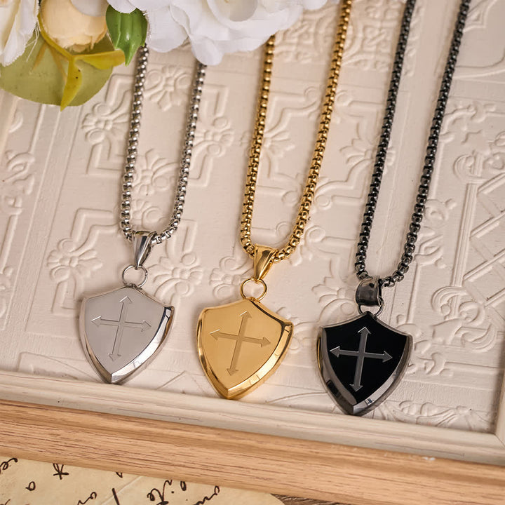 Christianartworkshop Double Sided Shield Rhinestone Cross Pendant Engraved Amor of God Joshua 1 Verse 9 Box Chain Necklace: Timeless Emblem of Gentle Heavenly Guardianship - image 1