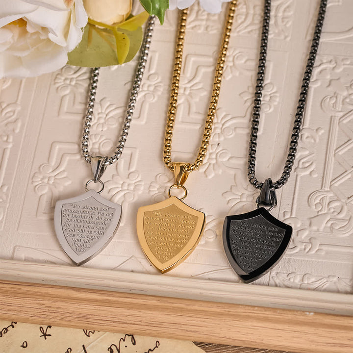 Christianartworkshop Double Sided Shield Rhinestone Cross Pendant Engraved Amor of God Joshua 1 Verse 9 Box Chain Necklace: Timeless Emblem of Gentle Heavenly Guardianship - image 2