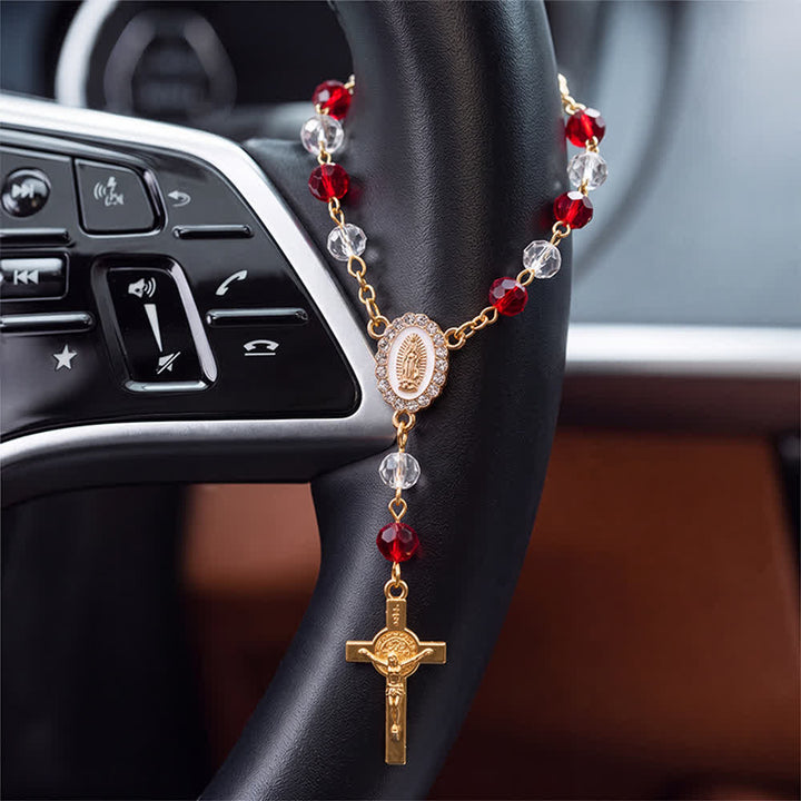 Christianartworkshop Oval Sacred Portrait Our Lady Multi-Tone Bead Crucifix Car Hanging Pendant: A Reminder of Merciful Divine Protection on Every Trip - image 3