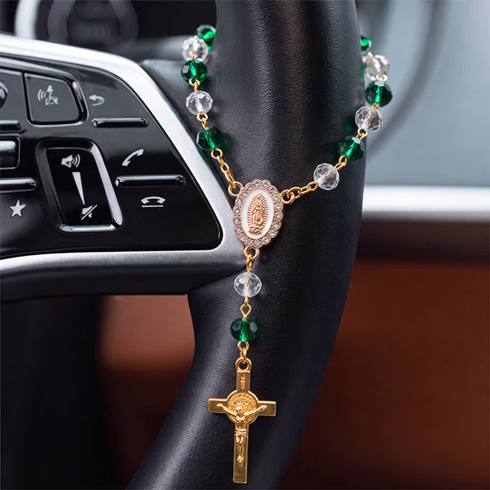 Christianartworkshop Oval Sacred Portrait Our Lady Multi-Tone Bead Crucifix Car Hanging Pendant: A Reminder of Merciful Divine Protection on Every Trip - Green - image 4
