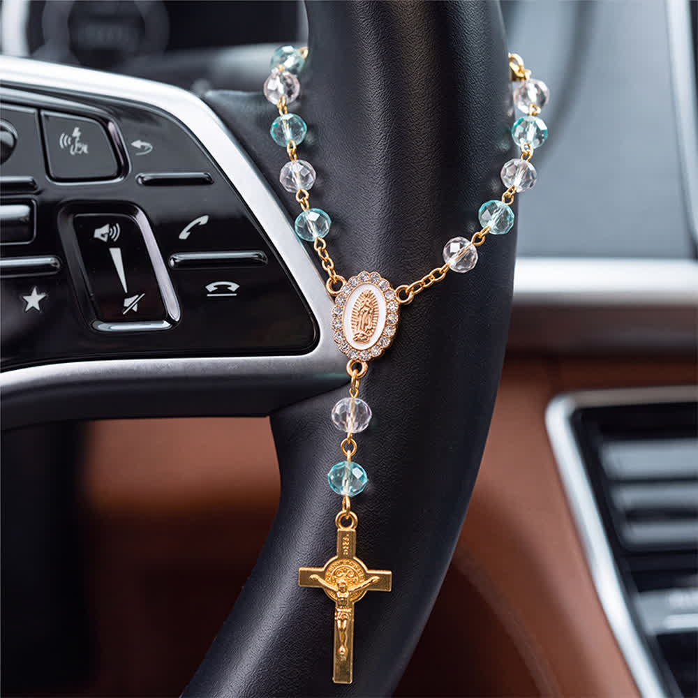 Christianartworkshop Oval Sacred Portrait Our Lady Multi-Tone Bead Crucifix Car Hanging Pendant: A Reminder of Merciful Divine Protection on Every Trip - Lake Blue - image 10