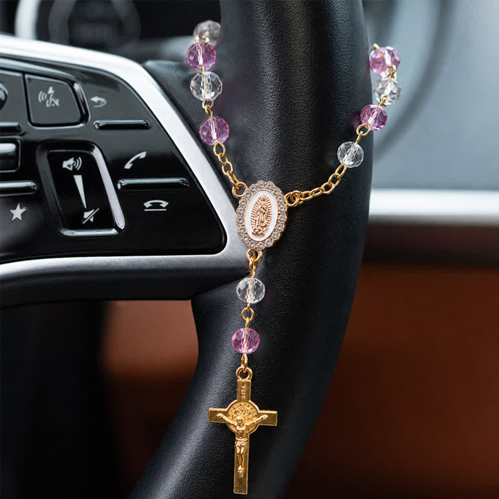 Christianartworkshop Oval Sacred Portrait Our Lady Multi-Tone Bead Crucifix Car Hanging Pendant: A Reminder of Merciful Divine Protection on Every Trip - Purple - image 16