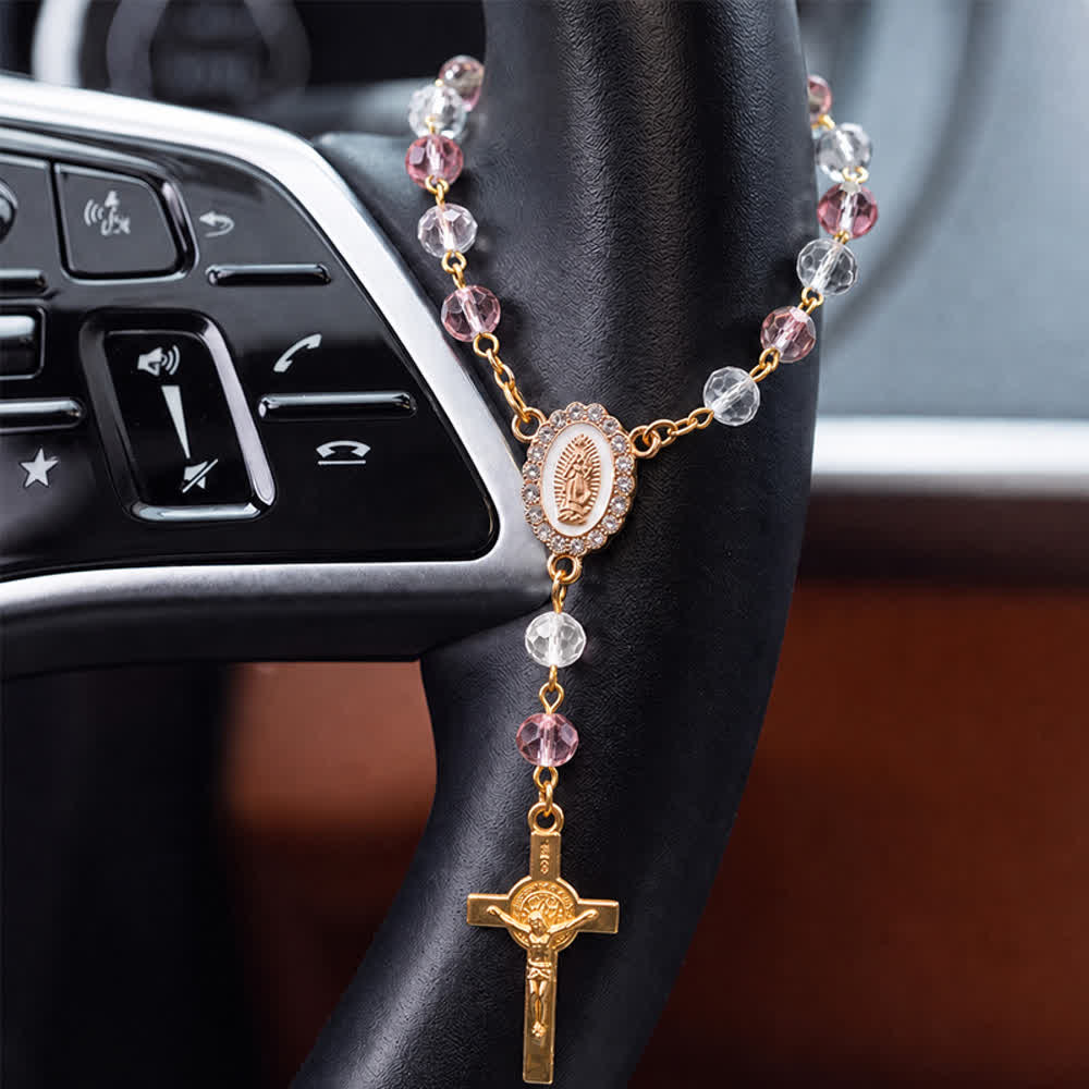 Christianartworkshop Oval Sacred Portrait Our Lady Multi-Tone Bead Crucifix Car Hanging Pendant: A Reminder of Merciful Divine Protection on Every Trip - Pink - image 13