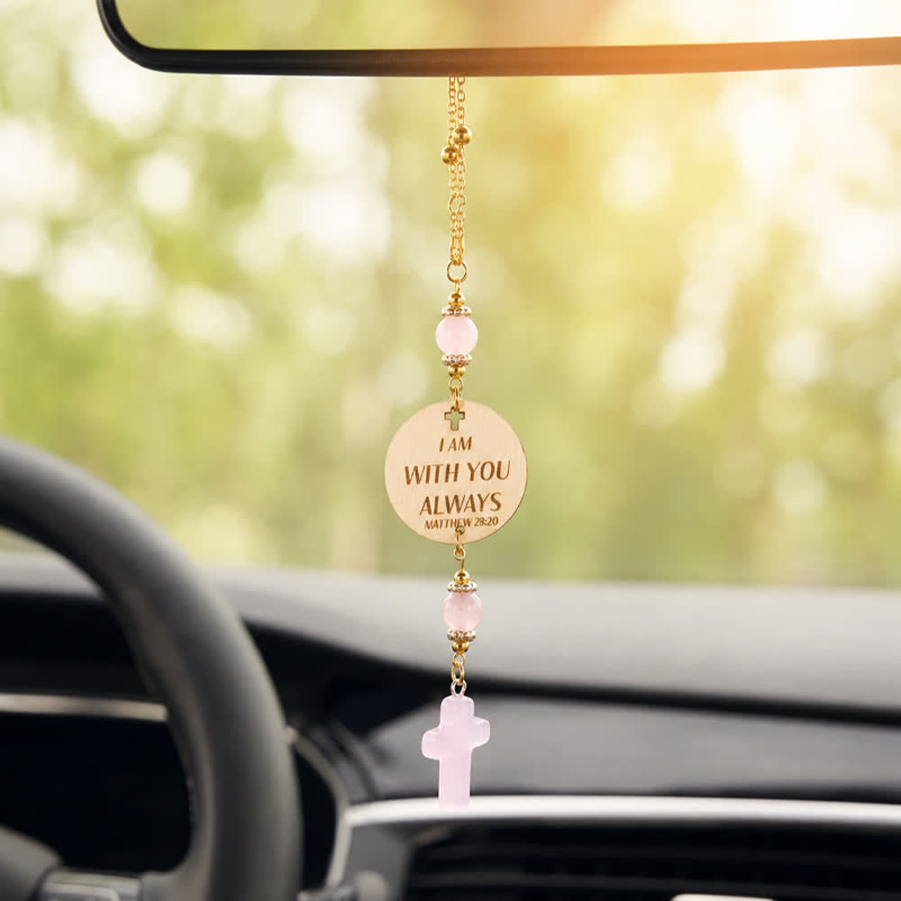 Christianartworkshop Matthew 28:20 Scripture Engraved Wooden Disc Stone Cross Car Charm: A Reminder of Merciful Divine Protection on Every Trip - Rose Quartz&Matthew 28:20 - image 0