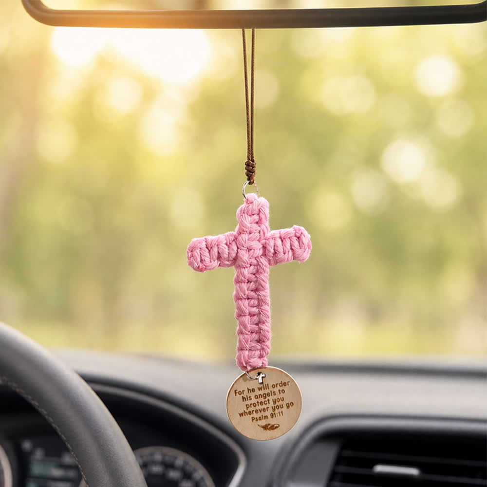 Christianartworkshop Matthew 28:20 Scripture Engraved Wooden Disc Stone Cross Car Charm: A Reminder of Merciful Divine Protection on Every Trip - Macrame Cross&Psalm 91:11 - image 8