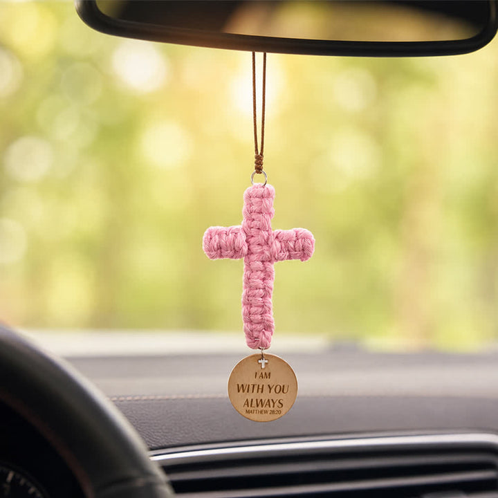 Christianartworkshop Matthew 28:20 Scripture Engraved Wooden Disc Stone Cross Car Charm: A Reminder of Merciful Divine Protection on Every Trip - Macrame Cross& Matthew 28:20 - image 14