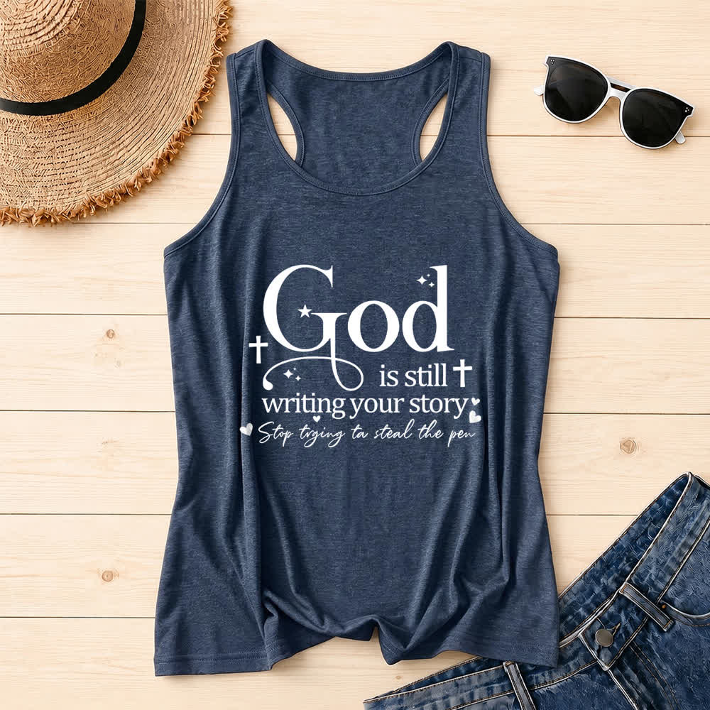 Christianartworkshop God Is Still Writing Your Story Christian Workout Racerback Tank Top - Navy Blue - 2XL - image 15
