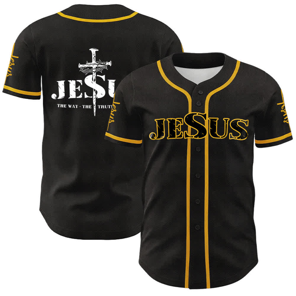 Christianartworkshop Jesus Cross Nail and Crown of Thorns Baseball Jersey - Black - Golden - 5XL - image 0