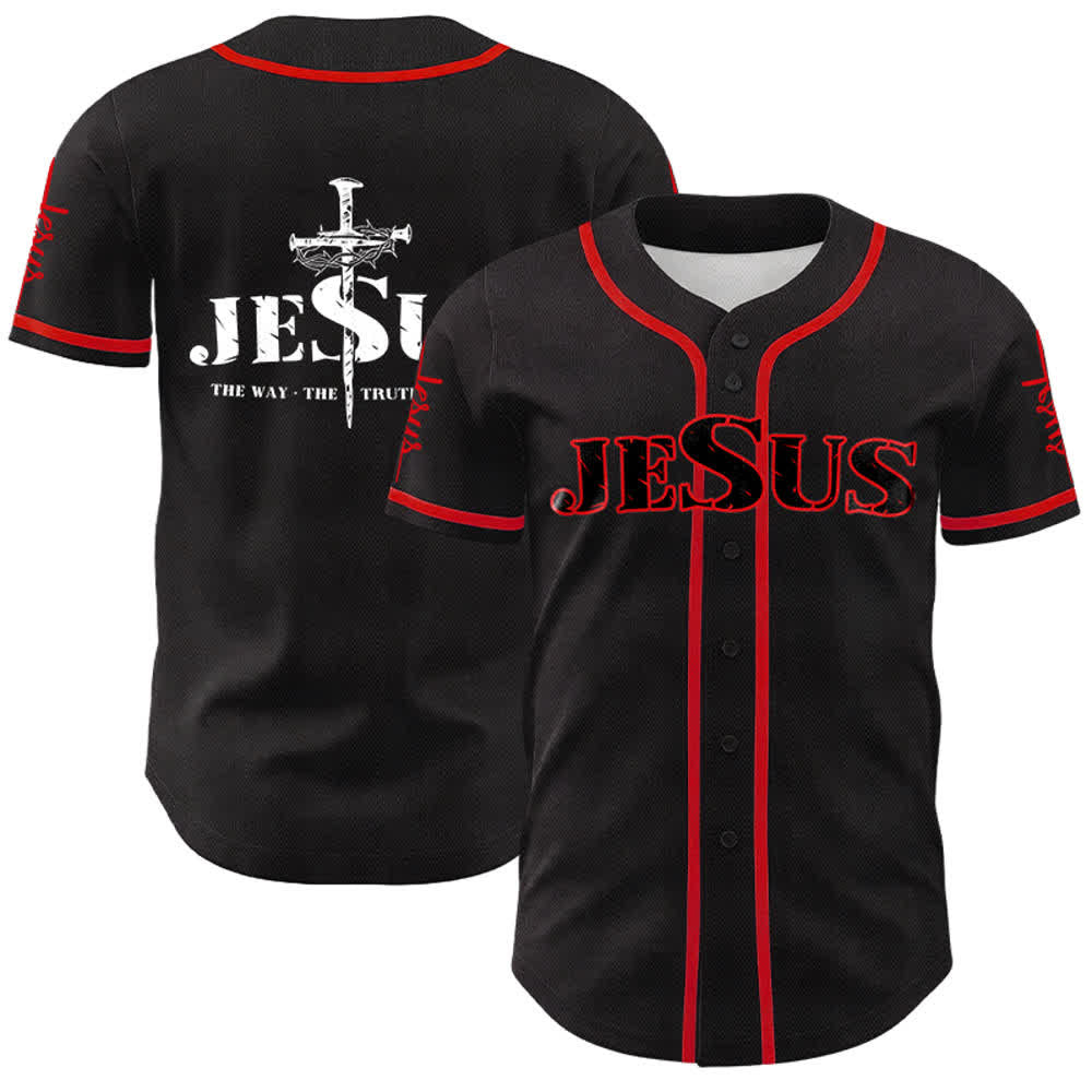 Christianartworkshop Jesus Cross Nail and Crown of Thorns Baseball Jersey - Black - Red - 5XL - image 7