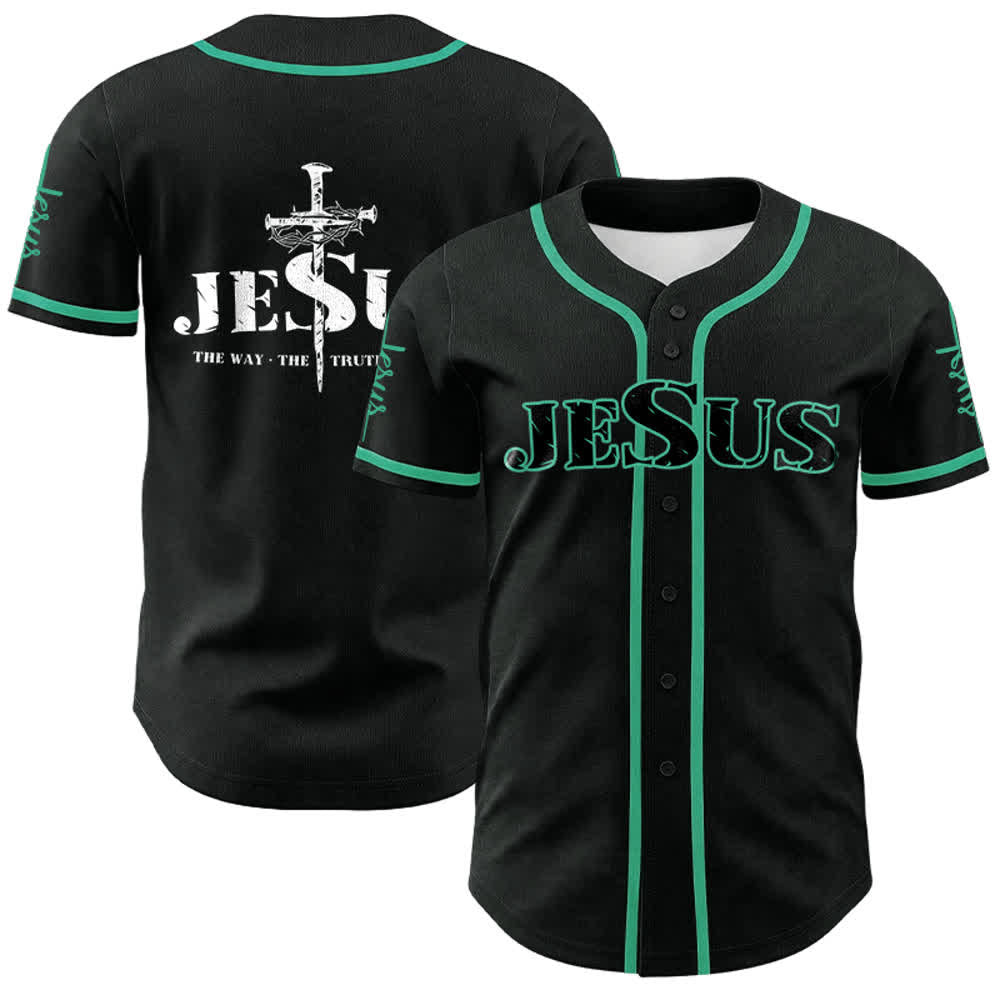 Christianartworkshop Jesus Cross Nail and Crown of Thorns Baseball Jersey - Black - Lake Blue - 5XL - image 13
