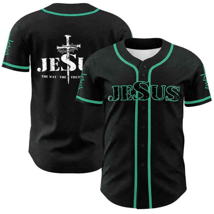 Christianartworkshop Jesus Cross Nail and Crown of Thorns Baseball Jersey - Black - Lake Blue - 5XL - image 13