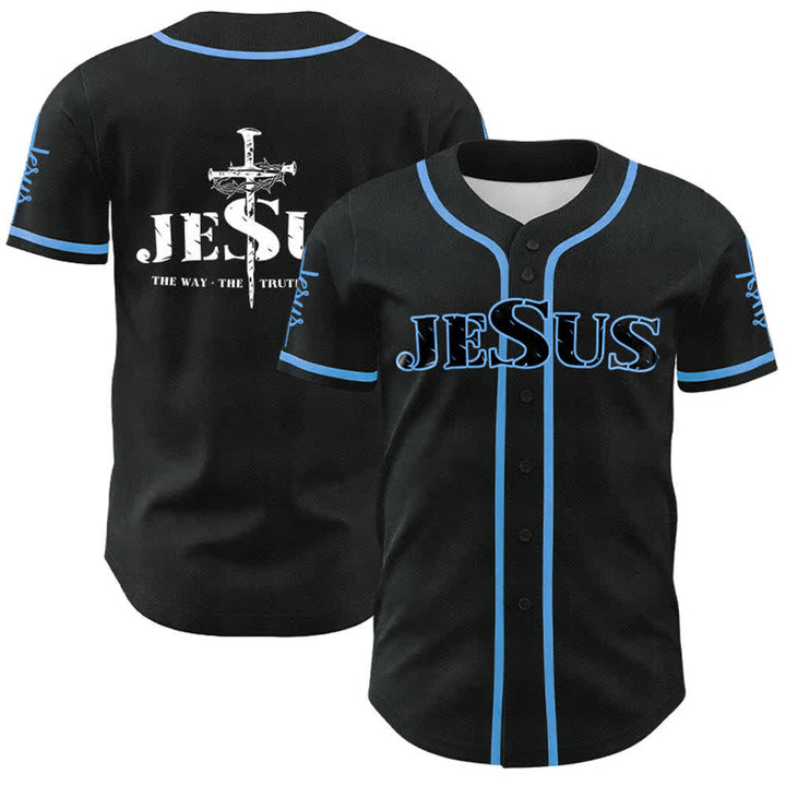 Christianartworkshop Jesus Cross Nail and Crown of Thorns Baseball Jersey - Black - Sky Blue - 5XL - image 16