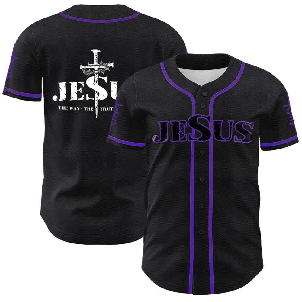 Christianartworkshop Jesus Cross Nail and Crown of Thorns Baseball Jersey - Black - Purple - 5XL - image 25