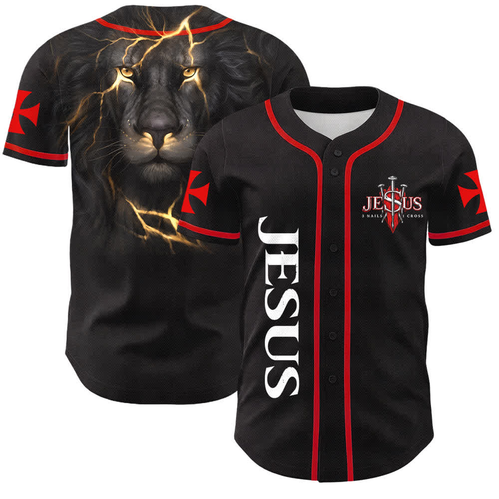 Christianartworkshop Front Vertical Jesus Nail Cross Emblem Back Lightning Lion Of Judah Portrait Button-Up Baseball Jersey - Black - 5XL - image 0