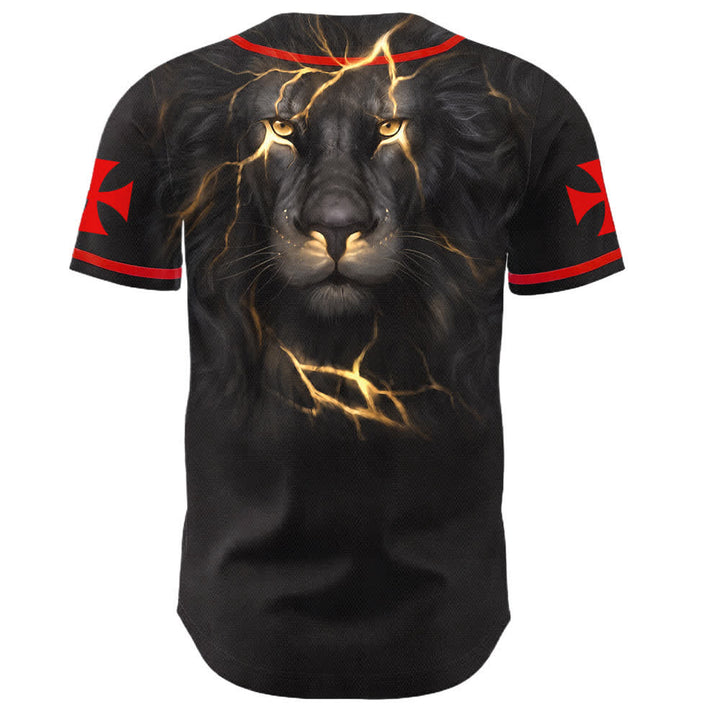 Christianartworkshop Front Vertical Jesus Nail Cross Emblem Back Lightning Lion Of Judah Portrait Button-Up Baseball Jersey - image 2