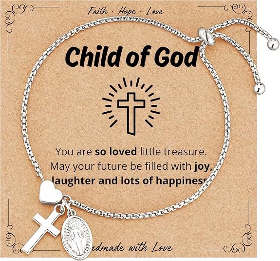 Christianartworkshop Adjustable Box Chain Charm Bracelet With Cross Heart & Holy Medal: Emblem of Tender Celestial Blessing - Silver - Child of God - image 8