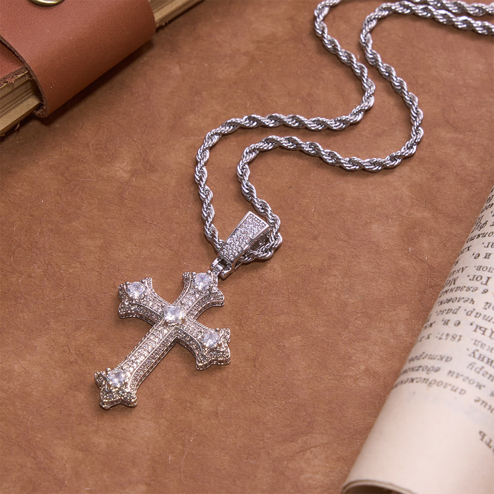 Christianartworkshop Iced Gothic Fleur Cross Pendant With Twist Rope Chain: Emblem of Radiant Celestial Fortitude - image 4