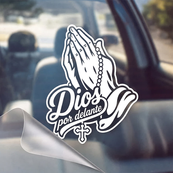 Christianartworkshop Praying Hands with Rosary Dios Por Delante Car Sticker - White - Set of 20 - image 0