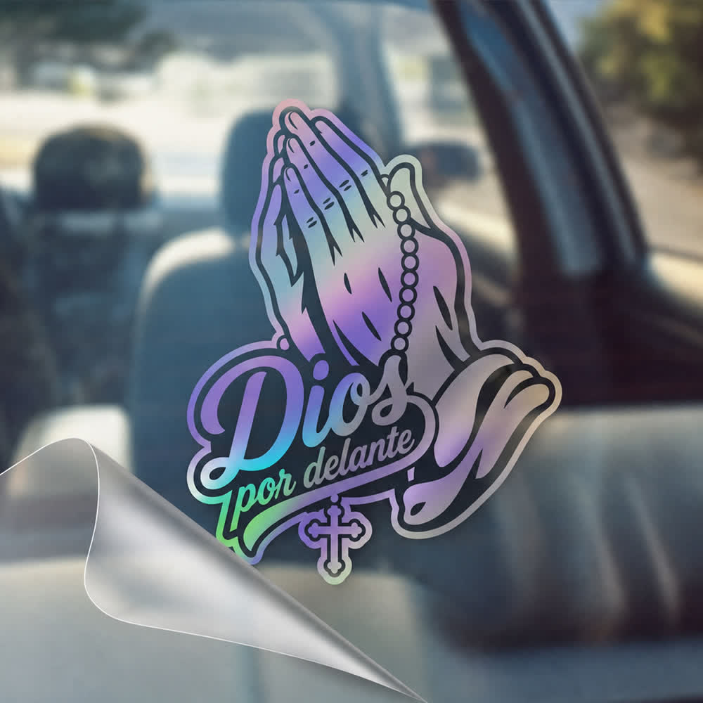 Christianartworkshop Praying Hands with Rosary Dios Por Delante Car Sticker - Silver - Set of 20 - image 3